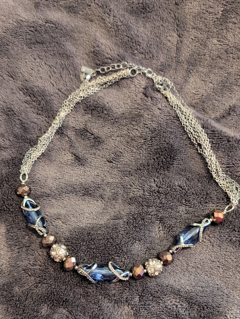 Silver Multi-Chain Necklace with Blue Crystal and Brown Beads